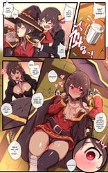 beer beer_on_breast black_panties blush drinking_beer drunk kono_subarashii_sekai_ni_shukufuku_wo! looking_at_partner looking_to_the_side lying_on_back megumin ooyun pussy_juice small_breasts yunyun_(konosuba)