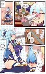 aqua_(konosuba) ass ass_focus big_ass blue_eyes blue_hair boots clothed drinking drinking_beer drinks drunk dust_(konosuba) english_text female heel_boots high_heel_boots kono_subarashii_sekai_ni_shukufuku_wo! long_hair looking_at_viewer medium_breasts multiple_boys ooyun short_dress text thigh_boots thighhigh_boots thighhighs tongue tongue_out