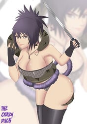 1girls ass bare_shoulders big_breasts body_markings breasts busty cleavage female fingerless_gloves gloves holding_object mitarashi_anko naruto naruto_(series) naruto_shippuden neck_tattoo necklace panties purple_hair reflection smile snake solo stockings sword thecrazyduck thighhighs tied_hair tubetop weapon zoom_layer