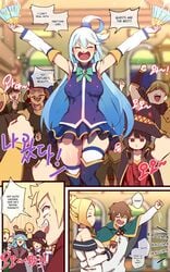 3girls 6+boys aqua_(konosuba) big_ass blush boots clothed comic drunk dust_(konosuba) english_text kono_subarashii_sekai_ni_shukufuku_wo! luna_(konosuba) medium_breasts megumin multiple_boys multiple_girls nipples_touching ooyun satou_kazuma text thigh_boots thighhigh_boots