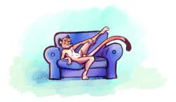 animal_genitalia anthro balls chiggedychew collar cougar digital_media_(artwork) draconicmentalist felid feline furniture genitals leg_stretch male mammal original_character penis presenting simple_background smile smirk sofa solo stretching tongue tongue_out