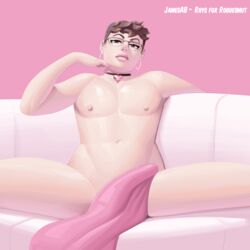 1boy 2020 absurdres big_lips brown_eyes brown_hair choker femboy frosted_tips glasses jamesab lipstick male male_focus male_only pink_lips rhys_kaulfield short_hair solo solo_male spiral_eyes twink