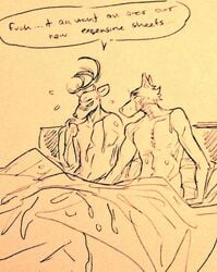 2020 annoyed anthro antlers beastars bed bed_sheet bedding bodily_fluids canid canine canis cervid cervine cum duo fur furniture genital_fluids horn legoshi_(beastars) louis_(beastars) male male/male male_only mammal messy nude pillow red_deer speech_bubble staticlustdemons sweat text traditional_media_(artwork) wolf wuffinarts