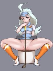 1girls blue_eyes blue_hair bottomless bottomless_skirt breasts elite_four eye_contact female fingernails grey_background hat kahili_(pokemon) light_blue_hair long_hair looking_at_viewer nintendo no_panties pale-skinned_female pale_blue_hair pale_skin pokemon pokemon_sm skirt_lift spread_legs squatting stockings thick_thighs thighs uncats upskirt