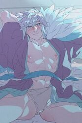 1boy artist_request blue_eyes blush erection erection_under_clothes fire_emblem fire_emblem_heroes hrid_(fire_emblem) hrid_(new_year)_(fire_emblem) male male_only mostly_nude muscular_male nintendo on_back solo_male spread_legs white_hair