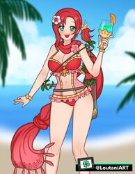 1girls arrow arrows bare_legs beach big_breasts bikini bow cleavage drink female fire_emblem fire_emblem:_new_mystery_of_the_emblem fire_emblem:_shadow_dragon flower flower_in_hair glass green_eyes happy large_breasts loutaniart nintendo norne_(fire_emblem) open_smile palm_tree ponytail quiver red_bikini red_hair red_swimsuit scarf seaside smile solo solo_female swimsuit wardrobe_malfunction