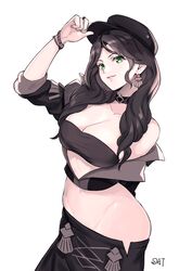 bare_thighs brown_hair cleavage da-cart dorothea_arnault earrings fire_emblem fire_emblem:_three_houses green_eyes hat large_breasts lips long_hair looking_at_viewer midriff ninja nintendo open_clothes open_shirt thick_thighs thighs undressing