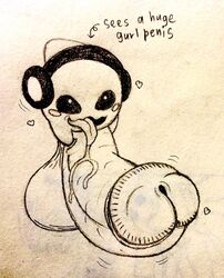 1boy balls chaoz_(chaozdesignz) erection funny ghost gigaboy headphones heart hyper hyper_balls hyper_penis long_penis male_only masturbation penis traditional_media_(artwork) uncut