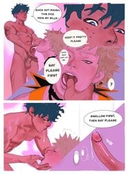 2boys close-up comic english_text erection izuku_midoriya katsuki_bakugou muscular my_hero_academia nude open_mouth panels penis sex speech_bubble spicypepper19 spitting standing yaoi