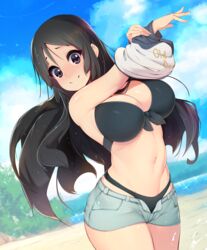 1girls absurdres beach big_breasts bikini bikini_top blush bra breasts cleavage female female_only highres k-on! large_breasts looking_at_viewer mio_akiyama_(k-on!) short_shorts shorts slugbox smile solo topless