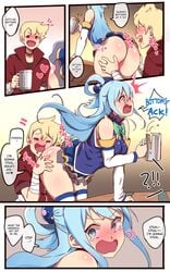 aqua_(konosuba) blue_eyes blue_hair blush comic drunk dust_(konosuba) face_on_ass grabbing_ass kono_subarashii_sekai_ni_shukufuku_wo! long_hair ooyun short_skirt surprised_face text