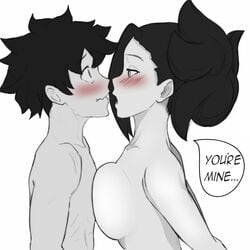 1boy 1girls big_breasts black_and_white black_hair blush breasts_against_chest completely_nude completely_nude_female completely_nude_male duo embarrassed female femdom hair hair_bun huge_breasts human izuku_midoriya looking_at_another luslov male momo_yaoyorozu muscular_male my_hero_academia naked nervous property shounen_jump speech_bubble straight text white_background