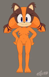 2020 anthro badger black_nose blue_eyes breasts brown_body brown_fur brown_hair brown_skin butt_from_the_front digital_media_(artwork) excito eyelashes female front_view fur furry furry_only genitals grey_background hair hi_res looking_at_viewer mammal mustelid musteline naked navel nipples nude pink_nipples pussy signature simple_background solo sonic_(series) sonic_boom sonic_the_hedgehog_(series) standing sticks_the_badger sticks_the_jungle_badger sticks_the_tejon twintails