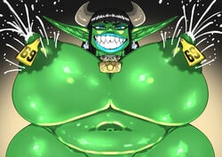 1girls 69 chubby chubby_female completely_nude cow_girl cow_horns fat female female_only goblin goblin_female green_skin lactation lipstick mirukwi nude nude_female pixxy_fizzleclank shortstack smug smug_face smug_grin solo teeth wimiruk