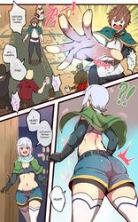 2girls 6+boys big_ass blush chris_(konosuba) drunk english_text female kono_subarashii_sekai_ni_shukufuku_wo! luna_(konosuba) magic male multiple_boys ooyun purple_eyes satou_kazuma short_hair short_shorts silver_hair small_breasts smile