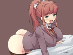 1girls ass ass_focus bed big_breasts blush bottomless breasts doki_doki_literature_club female female_only green_eyes looking_at_viewer monika_(doki_doki_literature_club) open_mouth ribbon school_uniform signature solo solo_female solo_focus stockings thick_thighs white_ribbon woomler