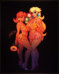 2girls alternate_breast_size big_breasts black_background blonde_hair blue_eyes bra breasts brown_hair cleavage clothing female female_focus female_only fire_flower full_body half-closed_eyes high_heels huge_breasts large_breasts long_hair looking_at_viewer mario_(series) multiple_girls mushroom nail_polish negarobo nintendo open_mouth pleated_skirt princess_daisy princess_peach simple_background skirt slutty_outfit smile standing stiletto_heels super_mario_bros. thick_lips thick_thighs tongue tongue_out very_high_heels very_long_hair wide_hips