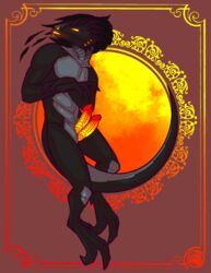 1boy absurd_res anthro areye_(artist) athletic athletic_male belly_scales black_body digitigrade diphallia diphallism embarrassed erection genitals glowing glowing_eyes glowing_genitalia hi_res horn looking_back male male_only multi_genitalia multi_penis muscular muscular_male open_mouth original_character pattern_background penis reptile scales scalie simple_background solo solo_male