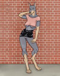 2020 absurd_res anthro big_breasts blue_eyes bottomwear breasts brick_wall canid canine canis clothed clothing clothing_lift colored_nails crop_top digital_media_(artwork) digitigrade dobermann domestic_dog exhibitionism female flashing genitals hi_res mammal nails nipples no_underwear partially_clothed pinscher prick_ears pussy rubber salmonmcclearn shirt skirt skirt_lift solo standing topwear