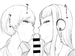 1boy 2girls amagi_yukiko black_and_white blush censored eyes_half_open fellatio golgonzola headphones leaking_precum licking_tip long_hair oral parumezan persona persona_4 persona_4:_dancing_all_night precum satonaka_chie short_hair steam