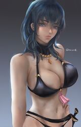 1girls bare_shoulders bikini black_bikini black_swimsuit blue_eyes blue_hair byleth_(fire_emblem) byleth_(fire_emblem)_(female) cleavage female fire_emblem fire_emblem:_three_houses huge_breasts knife large_breasts lips looking_at_viewer midriff nintendo oscuroii solo swimsuit teal_hair thick_lips weapon