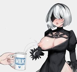 android android_girl big_breasts blush breast breasts clothed_female female female_focus female_only godekasu huge_breasts lactating_in_cup lactating_in_glass lactation large_breasts machine milk mug nier:_automata nipple nipples one_breast_out short_hair solo solo_female solo_focus squirting_milk white_background yorha_2b