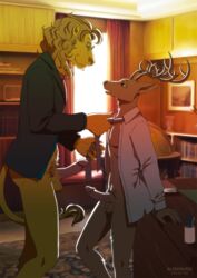 age_difference aledonrex anthro antlers balls beastars bottomless brown_body brown_fur cervid cervine clothed clothing desk duo erection eyewear felid fur furniture genitals glasses hair hi_res horn humanoid_genitalia humanoid_penis ibuki_(beastars) inside lion louis_(beastars) male male/male male_only mammal mane necktie open_shirt pantherine partially_clothed penis penis_size_difference predator/prey pubes red_deer shirt size_difference smile standing suit tail_tuft topwear tuft unbuttoned_shirt yellow_body yellow_fur