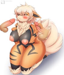 1girls absurd_res anthro arcanine blackhiro76 blush boobs breasts canid canine disembodied_penis erection female fur genitals hi_res human kasumi_(garasaki) kyodashiro male mammal nintendo nude penis pokemon pokemon_(species) pokemon_rgby video_games