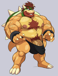 analon_(artist) anthro arm_hair beard belly big_penis body_hair bowser bulge chest_hair clothed clothing facial_hair genitals grey_background hair hairy hi_res koopa male male_only mario_(series) musclegut muscular muscular_anthro muscular_male navel nintendo partially_clothed penis pubes red_hair scalie simple_background solo speedo swimwear toomanyboners topless video_games