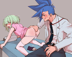 2boys all_fours anal anal_fingering androgynous aus_vaka belt blue_eyes blue_hair blush bulge commentary_request femboy fingering formal galo_thymos gay girly green_hair hand_on_own_penis highres jacket lio_fotia lubrication moaning multiple_boys necktie panties panty_pull pink_eyes pink_shirt promare shirt spiked_hair suit sweat thighhighs underwear white_legwear white_shirt yaoi