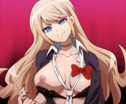 10s 1girls areola beckoning black_bra blonde_hair blue_eyes bow bra breasts come_hither danganronpa danganronpa_1 female fingernails gyaru hair_down hairu head_tilt invitation junko_enoshima lace lace-trimmed_bra large_breasts long_hair looking_at_viewer loose_necktie nail_polish necktie nipples picot_trim picot_trim_bra shiny_hair shiny_skin sleeves_rolled_up smile solo straight_hair strawberry_blonde_hair twintails upper_body