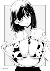 big_breasts blush bra breasts breasts_out cow_bra cow_print flashing glasses huge_breasts looking_at_viewer showing_off undressing