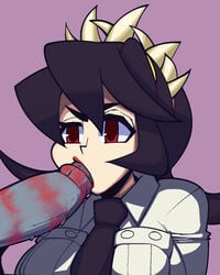 1boy 1girls clothed_female_nude_male fellatio filia_(skullgirls) gerard_burn lab_zero_games lipstick lipstick_mark lipstick_on_penis lipstick_ring necktie oral purple_hair red_eyes saliva samson_(skullgirls) school_uniform skullgirls