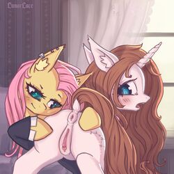 1:1 animal_genitalia animal_pussy anus ass blush brown_mane brown_tail butt_grab clitoris cutie_mark dock duo ear_piercing embarrassed equid equine equine_pussy fan_character female female/female feral fluttershy_(mlp) friendship_is_magic fur furry genitals hand_on_butt hasbro horn horse inner_ear_fluff looking_at_another looking_back lunarlacepony mammal mane my_little_pony open_mouth piercing pink_mane pony presenting presenting_anus presenting_hindquarters presenting_pussy pussy raised_tail rear_view smile spread_butt spread_pussy spreading tail_aside teal_eyes tuft unicorn white_body white_fur yellow_body yellow_fur yuri