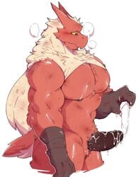 anthro avian blaziken cum_in_hand erection hi_res male male_only muscular muscular_male nintendo pecs pokemon pokemon_(species) seintaur side_view simple_background talons video_games white_background