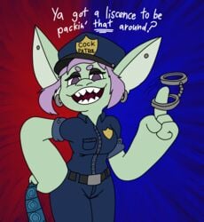 condom female gabby_(gob) goblin goblin_female gobscavern green_skin police_uniform purple_eyes purple_hair sharp_teeth