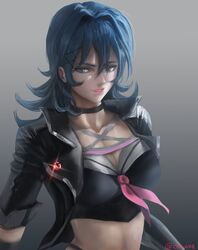 1girls alternate_costume blue_eyes blue_hair byleth_(fire_emblem) byleth_(fire_emblem)_(female) choker cleavage female fire_emblem fire_emblem:_three_houses grin jacket large_breasts lips looking_at_viewer midriff nintendo oscuroii smile solo super_smash_bros. thick_lips