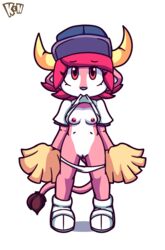 anthro bovid bovine breasts buffalo_bell female fur hair headgear horn kcn mammal mascot nippon_professional_baseball orix_buffaloes pink_body pink_fur pink_hair small_breasts solo young