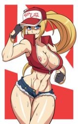 1girls baseball_cap blonde_hair blue_eyes canon_genderswap daisy_dukes fatal_fury long_hair mergeritter muscular muscular_female nipple_slip no_bra ponytail rule_63 snk snk_heroines:_tag_team_frenzy solo sweat terry_(snk_heroines:_tag_team_frenzy) terry_bogard thick_thighs