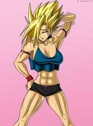 1girls abs blonde_hair breasts closed_eyes clothed clothes clothing dragon_ball dragon_ball_xenoverse female female_only light-skinned_female light_skin muscles muscular muscular_female oc red_earrings saiyan short_hair solo solo_female spiky_hair sseanboy23 stretching super_saiyan super_saiyan_2 workout workout_clothes