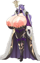 1girls alternate_costume aokuro between_breasts breasts camilla_(fire_emblem) camilla_(light_of_nohr)_(fire_emblem) cape crown fire_emblem fire_emblem_fates fire_emblem_heroes full_body gigantic_breasts gloves hair_over_one_eye huge_nipples hyper_breasts long_hair looking_at_viewer mostly_clothed nintendo nipples official_alternate_costume purple_eyes purple_hair smile solo staff very_long_hair white_background