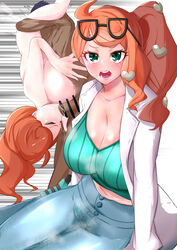 1boy 1girls 69 alternate_breast_size areolae big_breasts blowjob censored cunnilingus dark-skinned_male dark_skin eyewear_on_head faceless_male fellatio green_eyes huge_breasts kikikitama large_breasts long_hair nintendo nipples oral orange_hair pale-skinned_female pale_skin pokemon pokemon_professor pokemon_ss ponytail saliva side_ponytail sonia_(pokemon) steaming_body sunglasses_on_head