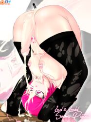 1futa big_breasts bullet_vibe cum_on_own_face cum_on_self facial futanari glasses handsfree_ejaculation nipple_stimulation pink_hair pubic_tattoo sex_toy sodomi sodomi_pigtail solo_futa vibrator