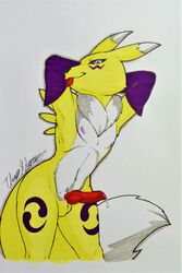 1boy absurd_res animal_genitalia animal_penis anthro black_sclera canid canine canine_penis digimon digimon_(species) fox fur genitals girly hi_res knot male male_only male_renamon mammal penis renamon rotten_owl solo traditional_media_(artwork) yellow_body yellow_fur