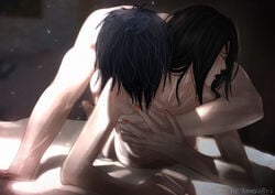 1boy 1girls areolae arm_support bed black_hair blush breasts female grabbing_from_behind implied_penetration lesya7 long_hair lying lying_on_person male moaning nail_polish naruto naruto_(series) naruto_shippuden nipples nude oc on_bed on_stomach original_character prone_bone sex uchiha_madara