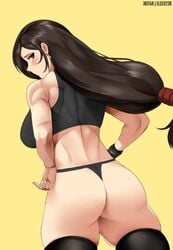 1girls abs ass brown_hair elee0228 female female_only final_fantasy final_fantasy_vii long_hair looking_at_viewer looking_back muscles muscular muscular_female panties red_eyes thighhighs tifa_lockhart xkit69