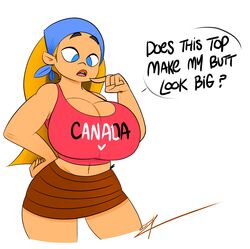 1girls bandana big_breasts blonde blonde_hair blue_eyes huge_breasts large_breasts lindsay_(tdi) lips long_hair ota_(artist) plain_background simple_background speech_bubble text total_drama_island white_background wide_hips