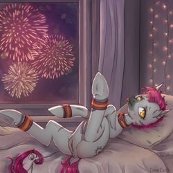 1:1 anus arm_cuffs bed bell blush collar cutie_mark dock equid equine fan_character female feral fireworks fur furniture furry genitals hasbro holidays inner_ear_fluff jingle_bell leg_cuffs looking_at_viewer lunarlacepony lying mammal mane my_little_pony new_year on_back on_bed pink_mane pink_tail pussy solo striped_body striped_fur stripes tongue tongue_out tuft underhoof white_body white_fur window yellow_eyes zebra