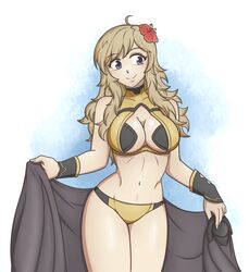 1girls aged_up bikini blonde_hair bracelets breasts busty cape cleavage cleavage_cutout female fire_emblem fire_emblem_fates flower flower_in_hair grey_eyes hayato_stuff hourglass_figure large_breasts midriff nintendo ophelia_(fire_emblem) red_flower swimsuit thick_thighs wide_hips