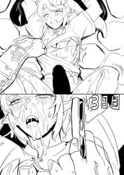 big_penis black_and_white blush cum_in_mouth cum_on_face link looking_at_viewer male_only muscular nipples penis_shadow semen semen_on_hair tamatamako the_legend_of_zelda torn_clothes yaoi